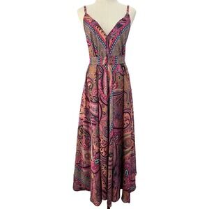 Advance Silk Blend Maxi Sun Dress Women OS Pink Paisley Boho Festival Summer‎